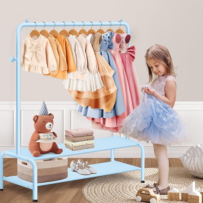 Kids Clothing Rack - Dress Up Clothes Storage Racks - Modern Wardrobe - Small Kids Costume Wardrobe Rack with 2 Fabric Floors Storage Shelf -Blue Dresser for Kids Bedroom
