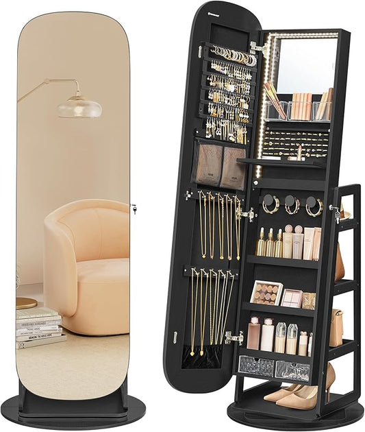 SONGMICS LED Jewelry Cabinet, 360° Swivel Jewelry Organizer, Lockable Mirror Jewelry Cabinet Standing, Rounded Wide Full-Length Mirror with Storage Shelves, Interior Mirror, Ebony Black UJJC036B01