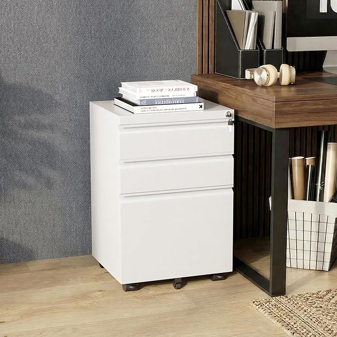 Bonusall Fully Assembled 3-Drawer Metal File Cabinet with Lock - Mobile Under Desk Filing Cabinet for Legal/Letter/A4 Size, Anti-Tilt Mechanism, Pre-Installed Office Storage, White
