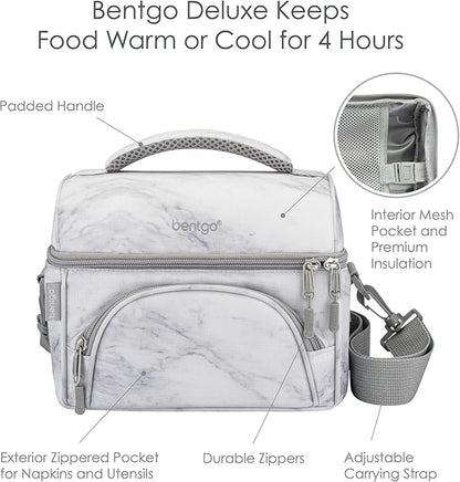 Bentgo Deluxe Lunch Bag - Durable and Insulated Lunch Tote with Zippered Outer Pocket, Internal Mesh Pocket, Padded & Adjustable Straps, & 2-Way Zippers - Fits Most Lunch Boxes (White Marble)