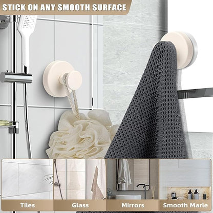 Suction Cup Hooks for Shower No-Drill Bathroom Hooks for Towels, Robes, Loofah Mountable on Bathroom Walls, Kitchen, Glass, Mirrors, Tile and Smooth,Non-Porous Surfaces (2, Milk White)