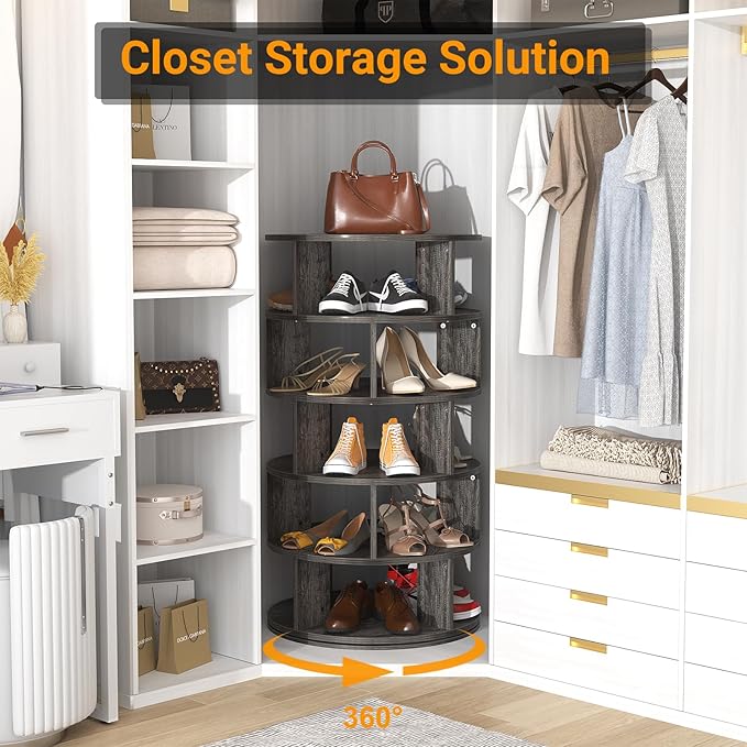 Aheaplus Rotating Shoe Rack, 5-Tier Wood Shoe Organizer for Closet, 360° Spinning Shoe Rack Tower Space-Saving Shoe Storage Shelf for Entryway, Garage, Bedroom, Grey Oak