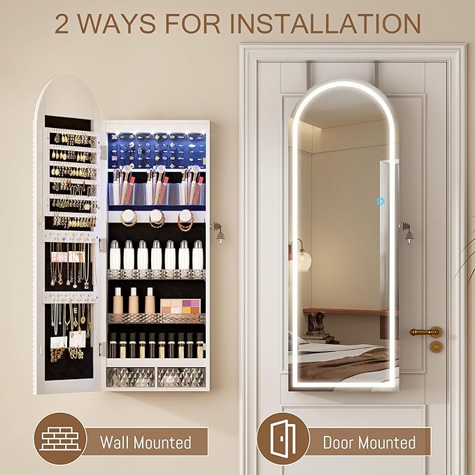 LVSOMT Wall Mounted Jewelry Organizer Lockable, 43"x16" Door Hanging Arched Mirror with Lights and Jewelry Storage, 6 LEDs Jewelry Cabinet (White)