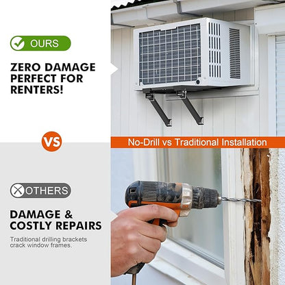 Upgraded No-Drill Window AC Bracket, Adjustable Window Air Conditioner Support for Single/Double Hung Windows, Heavy-Duty Holds 250lbs,Easy Installation, Rustproof Aluminum, Renter Friendly