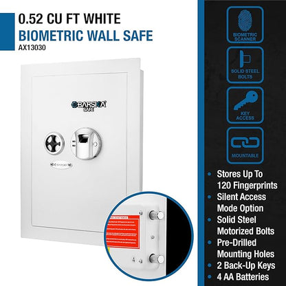 Barska White Biometric Wall Safe with Right Opening Door – Fingerprint Access Safe with 120 User Memory, Solid Steel Construction, Motorized Deadbolts & Removable Shelves - In Wall safe, Hidden safe