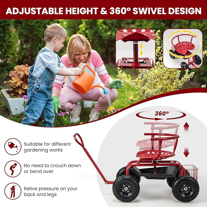 Giantex Rolling Garden Cart, 360 Swivel Workseat with 4 Wheels, Removal Cushion & Tool Tray, Storage Basket, Gardening Wagon Scooter with Adjustable Height, Handle (Red)