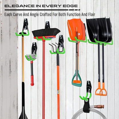 Garage Tool Storage Wall Hook Assortment Set: 15PCS Heavy Duty Large Hanger Garden Tool Organizer Ladder Bike Rack Yard Tool Holder Shed Shovel Metal Screw Organization Bicycle Steel Bracket, Green