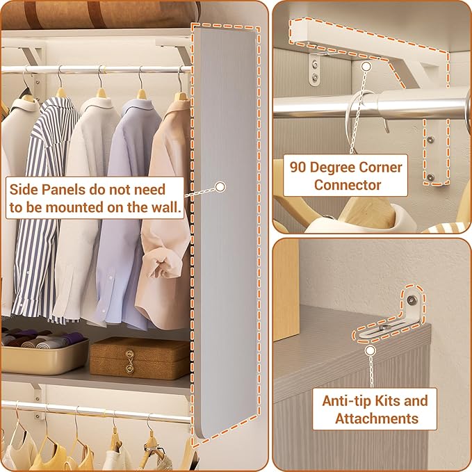 Large Closet System with Corner(3 Sets), 91.5" * 91.5"/31.5" * 151" Closet Organizer System with 4 Drawers and 8 Hanging Robs, Reversible Walk-in Closet System with Heavy Duty Shelving, Morandi Grey
