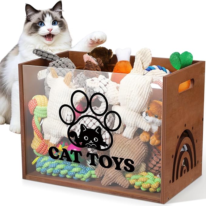 Large Cat Toy Basket Cat Toy Box Wooden Storage Bin with Acrylic Board Storage Box for Puppy Toys Pet Food and Accessories Organizer Holder Basket for Living Room Area(Brown, Cat)