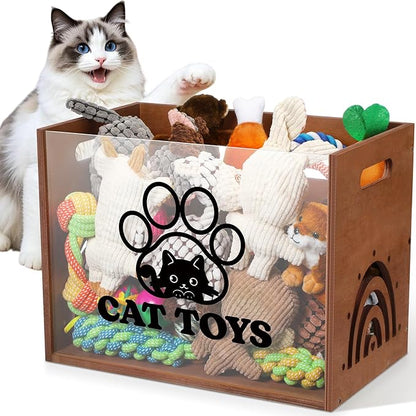 Large Cat Toy Basket Cat Toy Box Wooden Storage Bin with Acrylic Board Storage Box for Puppy Toys Pet Food and Accessories Organizer Holder Basket for Living Room Area(Brown, Cat)