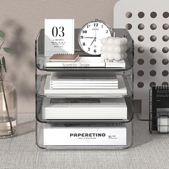Acrylic Paper Tray Organizer for Desk, Clear & Brown Stackable Letter Tray, 4-Tier Paper File Organizer, Office Desk Accessories for Document Organization