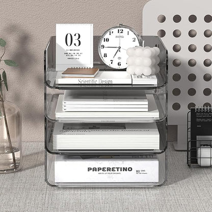 Acrylic Paper Tray Organizer for Desk, Clear & Brown Stackable Letter Tray, 4-Tier Paper File Organizer, Office Desk Accessories for Document Organization