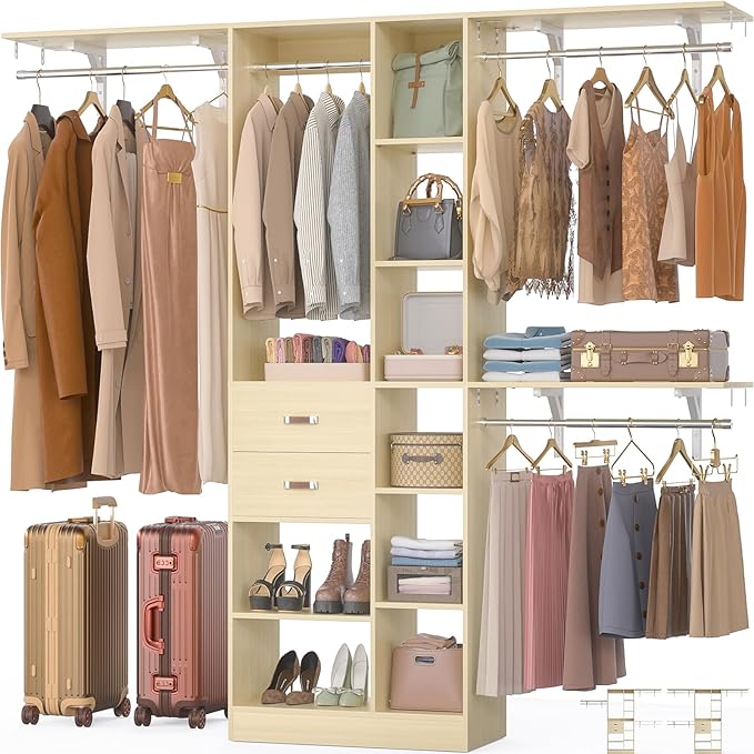 Upgraded 96 Closet System with 18 Storage Place, 8FT Closet Organizers System with 13 Shelves and 2 Wooden Drawers, 96'' Walk-in Closet with 4 Hanging Rods, Adjustable Garment Rack, Natural