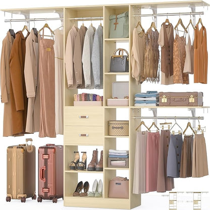 Upgraded 96 Closet System with 18 Storage Place, 8FT Closet Organizers System with 13 Shelves and 2 Wooden Drawers, 96'' Walk-in Closet with 4 Hanging Rods, Adjustable Garment Rack, Natural