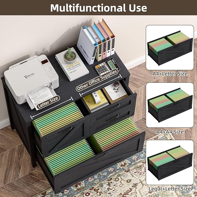 Vabches Wood Lateral File Cabinet with 4-Drawer for Hanging Files Letter/A4/Legal Size, Large Farmhouse Filing Cabinets for Home Office, Printer Stand with Office Cabinet, Office Furniture, Black