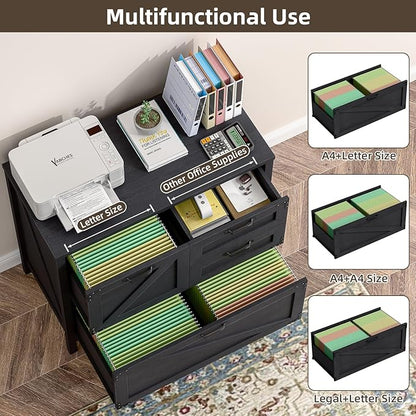 Vabches Wood Lateral File Cabinet with 4-Drawer for Hanging Files Letter/A4/Legal Size, Large Farmhouse Filing Cabinets for Home Office, Printer Stand with Office Cabinet, Office Furniture, Black