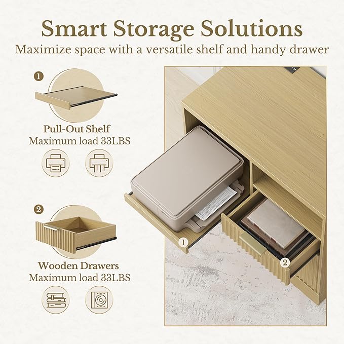 3 Drawer File Cabinet, Fluted Wood Lateral Filing Cabinet with Charging Station for Home Office, Fits for A4/Letter-Sized Files, Printer Stand with Open Storage Shelves, Light Walnut