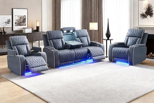 Leather Power Recliner Sofa and 2 Chairs Sets with LED and Arm Storage, Sanded Leather Living Room Reclining Sofa with Read Lights, Power Recliner Chair with Cup Holders for Home/Office