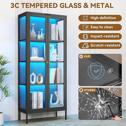 Glass Display Cabinet with 8-Color LED Lights, Black Curio Cabinet with Glass Doors, 66 Inch Tall Display Case for Collectibles, Metal Storage Cabinet for Living Room, Assembly Required