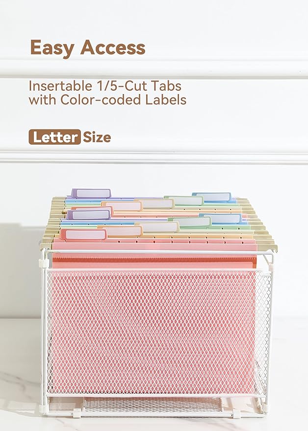 Plastic Hanging File Folders, Sturdy & Tear-Resistant, Letter Size, 12 Pack with Insertable 1/5-Cut Tabs, Pastel Colors