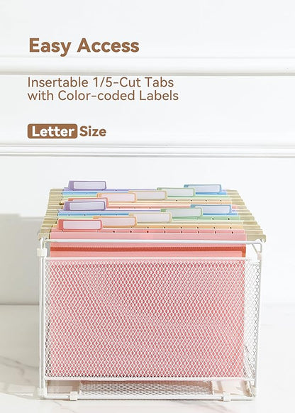 Plastic Hanging File Folders, Sturdy & Tear-Resistant, Letter Size, 12 Pack with Insertable 1/5-Cut Tabs, Pastel Colors