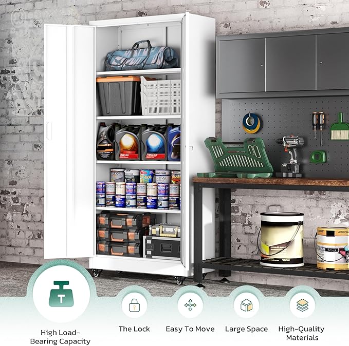 Greenvelly 73" Storage Cabinet with Wheels,Metal Rolling Garage Cabinet with Locking Doors and 4 Adjustable Shelves for Home,Kitchen,Office,Warehouse(32" W x 16" D, White)