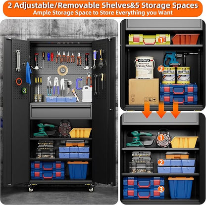 Aobabo Metal Storage Cabinet with Wheels and Adjustable Pegboard, 71" H Steel Rolling Cabinet with 16 Hooks and 1 Interior Drawers for Garage, Home, Office, Kitchen, Black, Assembly Required