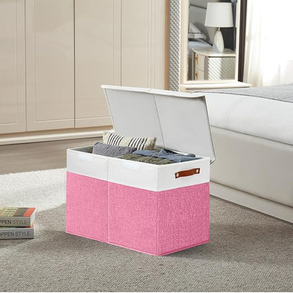 Large Toy Storage Box with Lids, Collapsible Sturdy Baby Storage Organizer Chest Bin Basket for Kids, Boys, Girls, Playroom, Nursery, Bedroom, Closet 25"x13"x16" (Pink and White)