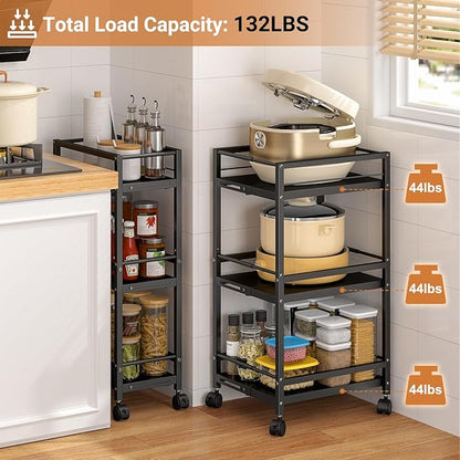 Expandable Slim Storage Cart for Small Spaces, 3-Tier Metal Shelving Unit with Wheels, Heavy-Duty Laundry Room Organization, Adjustable Narrow Storage Cabinet for Bathroom, Laundry Room, Kitchen