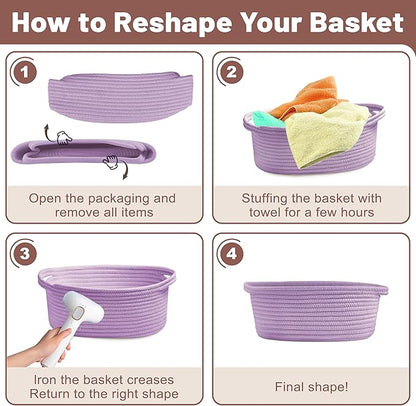 Small Woven Purple Gifts Basket for Storage Empty with Ribbons and Bags Durable Cute Gifts 12"X 8" X 5" Small Rope Basket for Gifting
