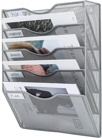 PAG Hanging Wall File Holder Mail Organizer Wall Mount Document Letter Rack, 5-Tier, Silver