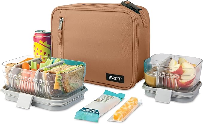 PackIt® Freezable Classic Lunch Box, Almond, Built with EcoFreeze® Technology, Collapsible, Reusable, Zip Closure With Zip Front Pocket and Buckle Handle, Designed for Fresh Lunch On the Go