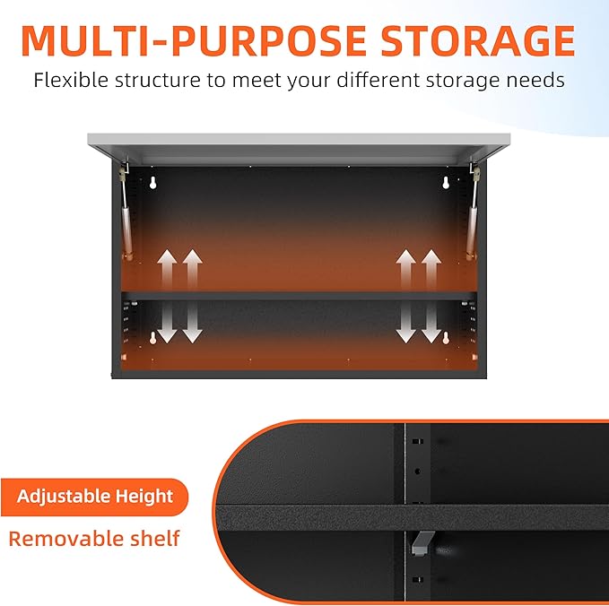 Garage Wall Cabinet, Floating Metal Wall Cabinet with Up-Flip Door and Shelves,19.7''H Hanging Wall Mounted Storage Cabinet for Garage, Warehouse, Workshop, RV