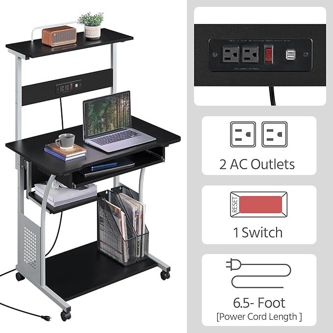 Yaheetech Mobile Home Office Desk with Power Outlet and 2 USB Charging Ports for Studying, 3 Tiers Computer Desk with Keyboard Tray and Charging Station, Rolling PC Laptop Table for Small Space, Black
