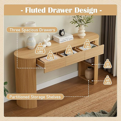 Retro Console Table with Storage, Rounded Console Table with 3 Drawers and 1 Table-Leg Niche, Round Slat Aesthetic for Entryway, Living Room, Hallway (Nature-X306)