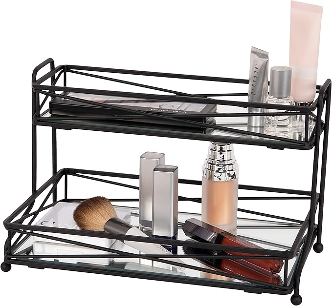 Home Details Mirrored, Perfect for Perfumes, Jewelry, Makeup, Cosmetic Organizer, Stylish Decor in Matte Black 2 Tier Vanity Tower