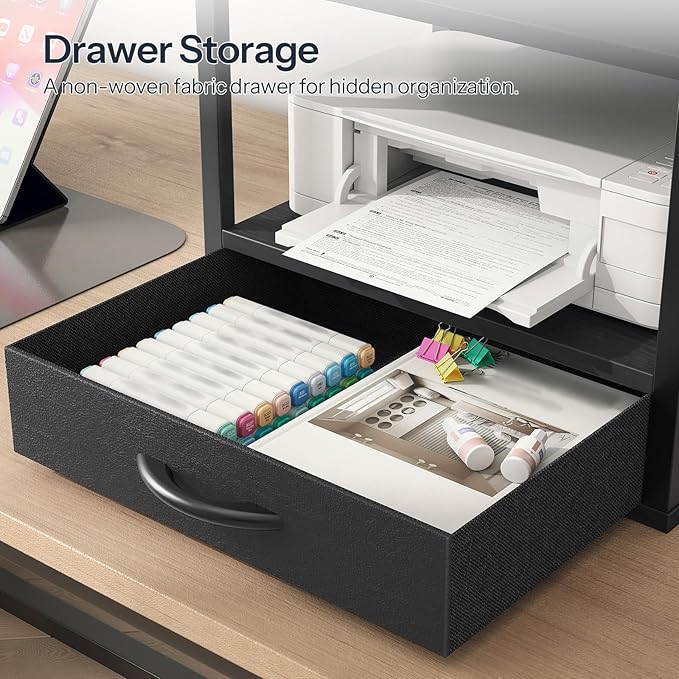 HOOBRO 2-Tier Desktop Printer Stand with Drawer, Under-Desk Printer Table with Storage Shelf, for Home Office, Kitchen, Fax Machine, Scanner, Black BB07PS01
