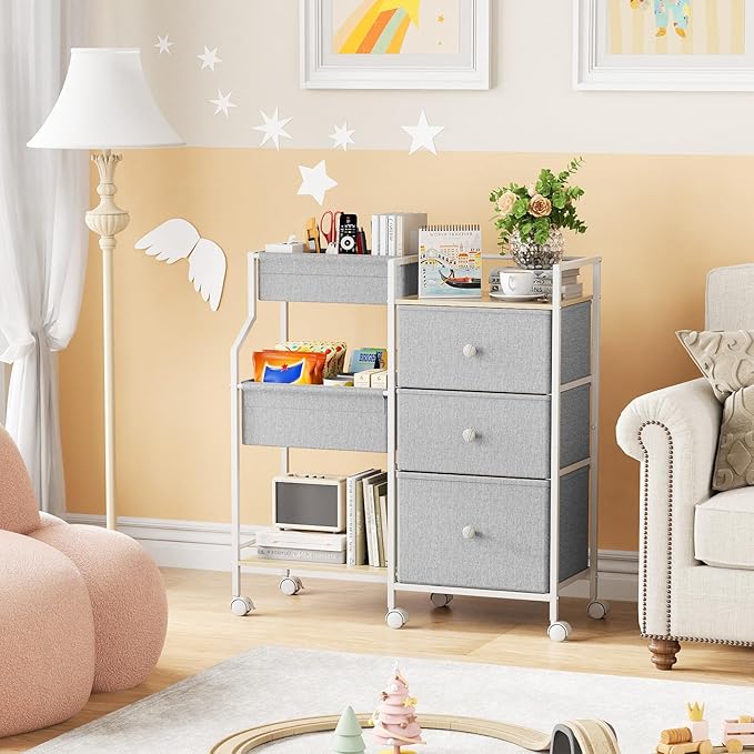 Baby Organizer and Storage - 3 Tier Rolling Cart with Dividers and Drawers, Easy To Assemble, Mobile Utility Cart with Wheels for Nursery, Bedroom, Changing Table & Crib,Light Gray