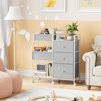 Baby Organizer and Storage - 3 Tier Rolling Cart with Dividers and Drawers, Easy To Assemble, Mobile Utility Cart with Wheels for Nursery, Bedroom, Changing Table & Crib,Light Gray