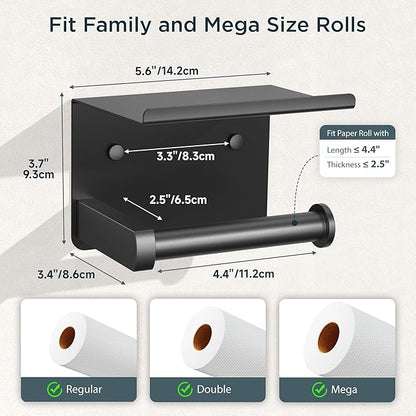 FORIOUS Toilet Paper Holder with Shelf, Adhesive or Screw Wall Mount Toilet Paper Roll Holder for Bathroom, Rustproof 304 Stainless Steel Commercial Toilet Tissue Holder, 2 Pack Matte Black
