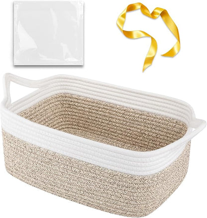 OIAHOMY Woven Basket, Gift Basket Empty with Gift Bags and Ribbons, Rope Baskets for Baby Showers, Storage Baskets with Handles for Nursery, Pet Toy Organizer - Brown & White