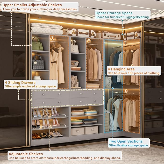 Closet System with 4 Drawers and Hanging Rods, 59.5"L / 87"L Closet Organizer System with Corner Tower, L Shaped Walk-in Closet System, Corner Closet System with Shelves, Set of 3, Morandi Grey
