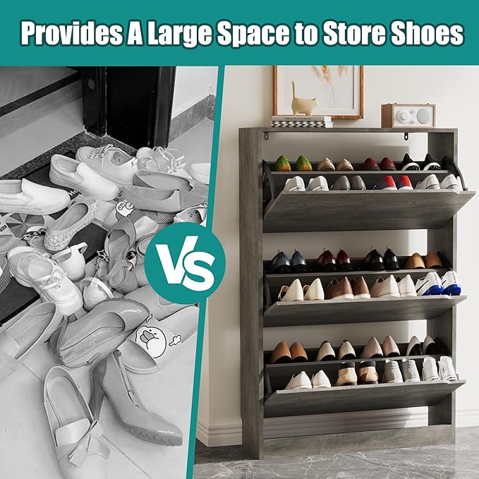 Shoe Storage Cabinet for Entryway with 3 Flip Drawers, Sturdy Wood Hidden Shoe Storage, Freestanding Narrow Slim Shoe Organizer for Front Door Entrance, Living Room, Hallway, Bedroom, Grey