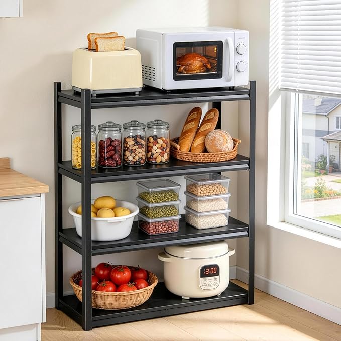 Kitchen Storage Shelves, 44''H*16''W Microwave Stand, Adjustable Metal Shelving, 1600LBS Bakers Rack, Black Kitchen Shelf, 4-Tier Shelving Unit for Bathroom, Pantry, Laundry, Closet, Garage