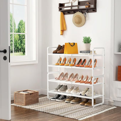 Shoe Rack - Expandable Shoe Organizer for Closet, Adjustable Metal Shoe Shelf Storage, Stackable Long Shoe Stand Holder for Garage, Entryway, Door Entrance (White, 4-Tier)