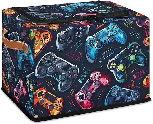 Video Game Storage Bins with Zipper Lid, Collapsible Fabric Storage Basket with Leather Handles Closet Shelf Cloth Organizer Basket for Nursery Bedroom Clothes Toy