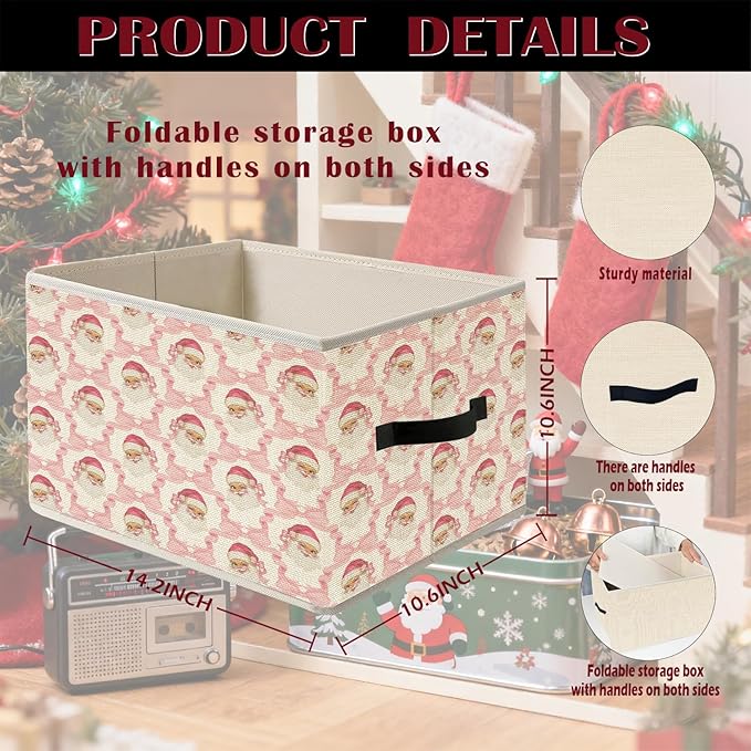 Pink Coquette Bow Santa Christmas Storage Bin Box with Handles, Preppy Grandmillennial Holiday Christmas Foldable Organizer Basket Toybox for Girls Room Bedroom Bathroom Clothes Toys Books