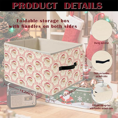 Pink Coquette Bow Santa Christmas Storage Bin Box with Handles, Preppy Grandmillennial Holiday Christmas Foldable Organizer Basket Toybox for Girls Room Bedroom Bathroom Clothes Toys Books