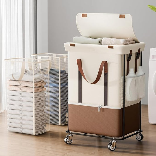 150L Rolling Laundry Basket with Wheels and 2 Removable Bags, Double Laundry Hamper with Lid, 2 Section Large Capacity for Laundry Bedroom Bathroom Dorm, Easy Move & Organize 19.7"x15.7"x31.9", White
