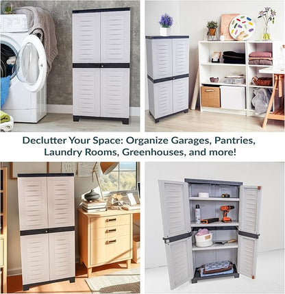 Sunnydaze 48" H Resin Garage Storage Cabinet - Garage Cabinet with Lockable Doors and Adjustable Shelves - Freestanding Utility Storage for Laundry Room, Office, Basement - Gray/Charcoal Trim